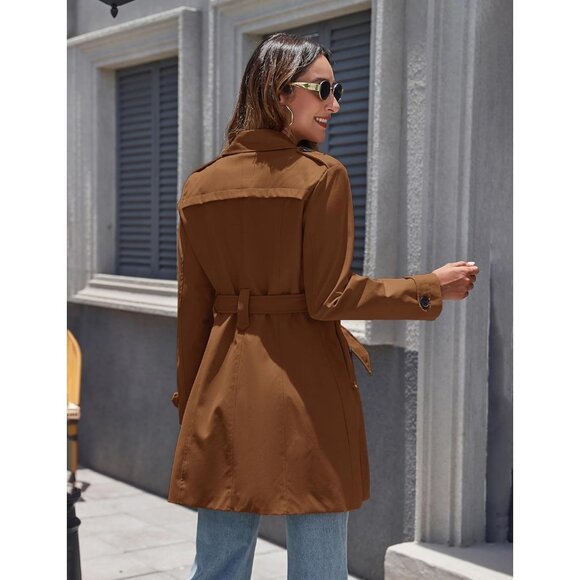 Women's Caramel Waterproof Trench Coat with Classic Lapel and Belted Design - Picture 2 of 6